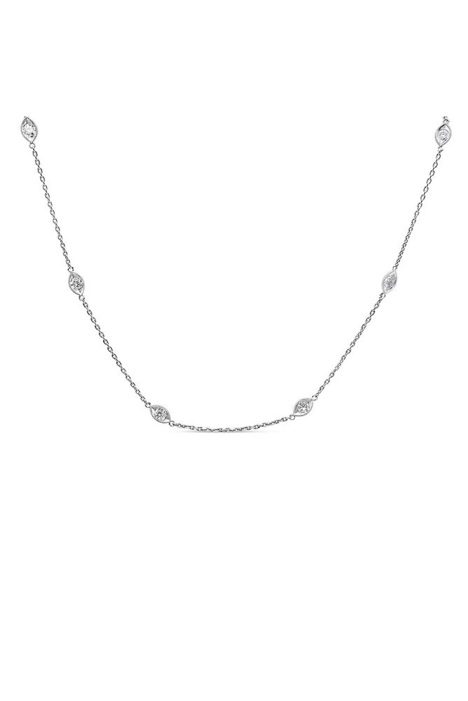 1.00 Cttw Bezel Round Diamond Marquise Shaped Milgrain Station Collar Necklace